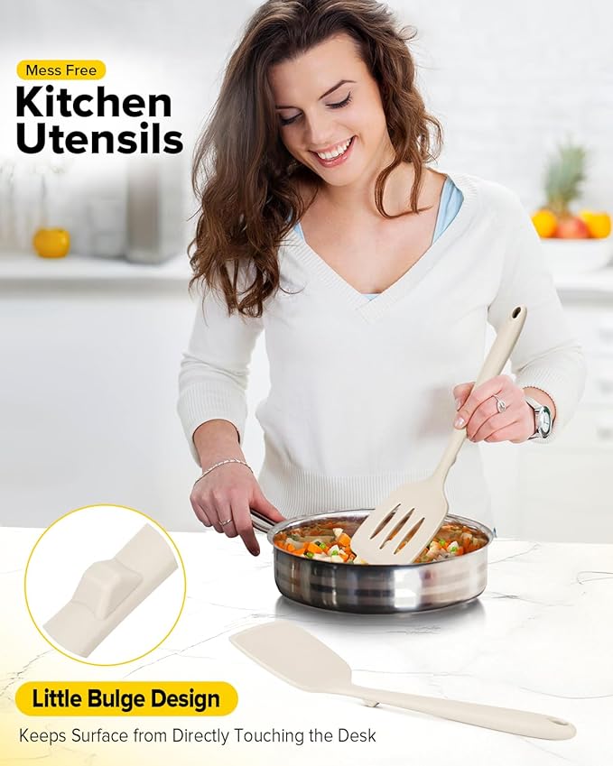 Pack of 2 Silicone Spatula Turners, Non Stick Slotted Kitchen Spatula Set, Heat Resistant BPA Free Kitchen Utensils, One-Piece Design, Suitable for Flipping Fish, Eggs, Steak, Pancakes(KHAKI)