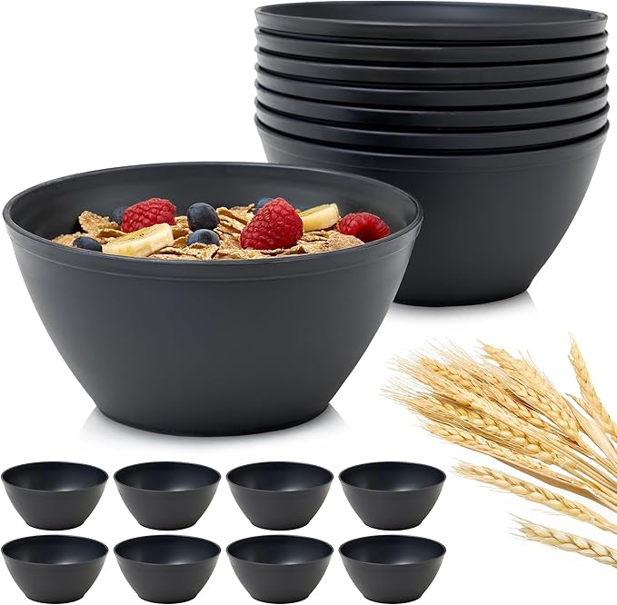 US Acrylic Wheat Straw Unbreakable 28 oz. Stackable Cereal Bowls for Snacks & Ice Cream in Grey (Set of 8) 6-inch Reusable, BPA-Free, Dishwasher Safe Dinnerware, Made in USA