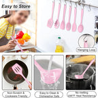 TeamFar Silicone Cooking Utensil Set of 7, Kitchen Nonstick Tools Turner Spoon Spatula Ladle Pasta Server for Nonstick Cookware, Healthy & One-Piece, Anti-Heat & Dishwasher Safe - Pink