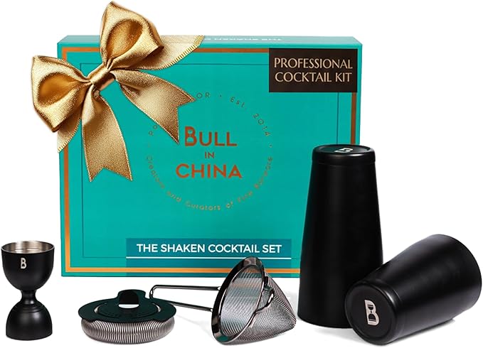 5 Piece Cocktail Kit by Bull In China - Premium Bartender Gift Set Includes Weighted 2 Piece Boston Shaker, Hammered Bell Jigger, Hawthorne Strainer & Fine Mesh Strainer (Matte Black)