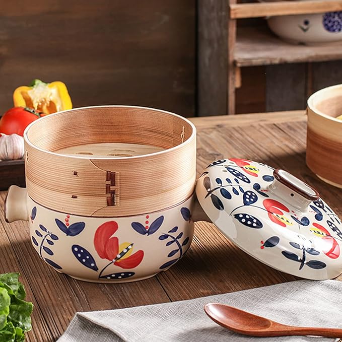 Japanese Casserole Pot with Handles for Cooking, Ceramic Casserole Clay Pot Steam Stew Pot with Steamer Basket,A,4L