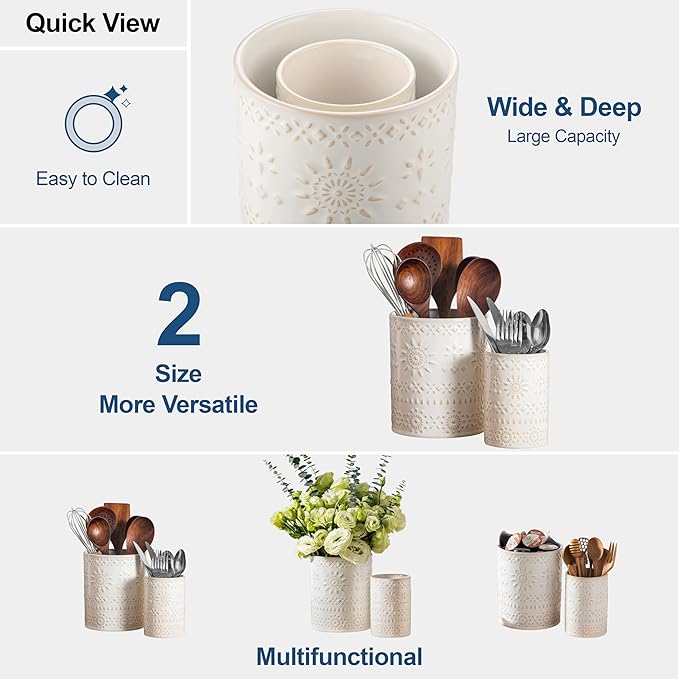 LOVECASA Utensil Holder, 7.2"+5.4" Ceramic Utensil Holder for Countertop, Large Cooking Utensil Crocks for Kitchen Counter, Farmhouse Utensil Vase for Housewarming, Kitchen Decor, Set of 2, Oasis