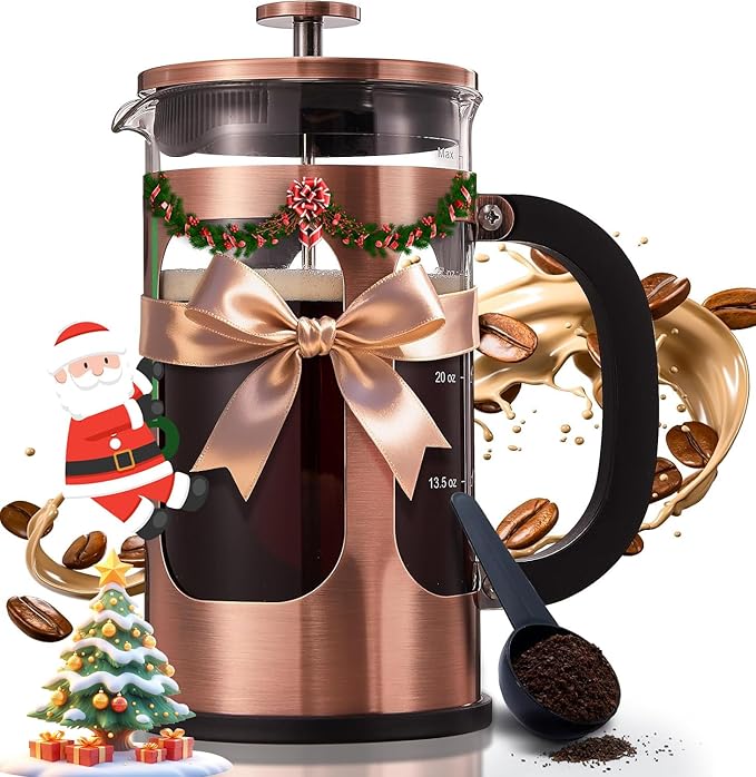 BAYKA 34oz 1 Liter French Press Coffee Maker, Christmas Coffee Lover Gifts Basket Set, Heat Resistant Thickened Borosilicate Glass Stainless Steel Brewer, Cold Brew Cafetera Teapot for Kitchen, Copper