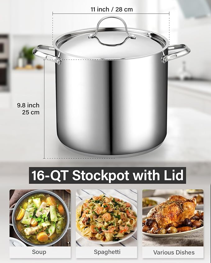 Cooks Standard 18/10 Stainless Steel Stockpot 16-Quart, Classic Deep Cooking Pot Canning Cookware with Stainless Steel Lid, Silver