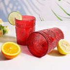 12pcs Vintage Drinking Glasses Set, 12 oz Highball Glasses & 9 oz Embossed Ribbed Glassware Cups for Cocktail, Water, Juice, Coffee, Whiskey (Christmas Red)
