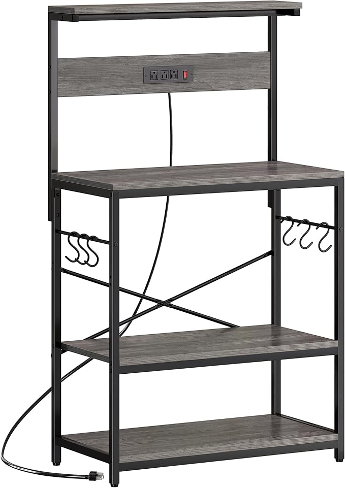 SUPERJARE Bakers Rack with Power Outlets, Microwave Stand, 31.5 X 16.5 Inch Larger Desktop, Kitchen Storage Rack with Adjustable Middle Shelf, 6 S-Shaped Hooks, Coffee Bar Stand, Grey