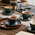 SHUER Ceramic Cappuccino Cup Set of 4, 7.8 OZ Cups and Saucers Set,Coffee Mocha Cup Sets,Black Coffee Cups and Glaze Americano Mugs Great for Party and Low Tea Time (Blue 220ml)