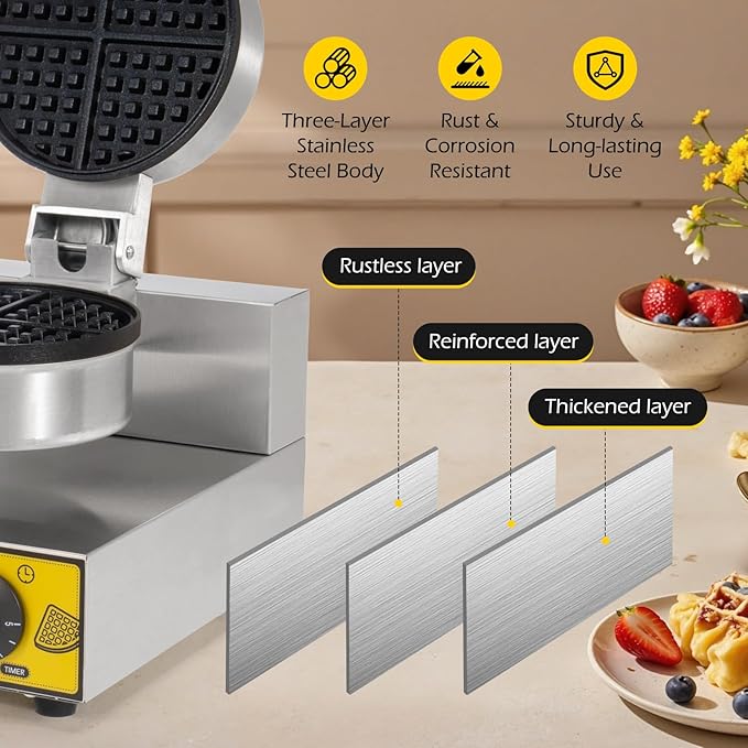 Dyna-Living Commercial Waffle Maker Restaurant, 1200W Professional Waffle Maker Commercial Waffle Iron Non-stick Classic Waffle Machine Electric Waffle Bowl Maker for Home, Hotel