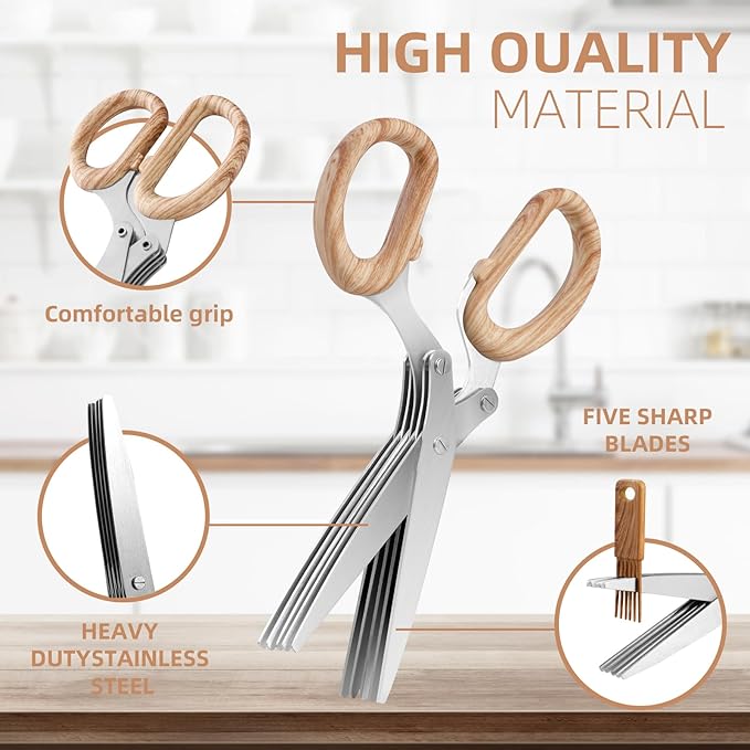 2025 New Herb Scissors Set - Wood Grain Pattern 5 Blades with Cover and Comb - Skin-Friendly Handle, Delicate Grip - Dishwasher Safe, Anti-Rust Stainless Steel for Cutting Fresh Garden Herbs