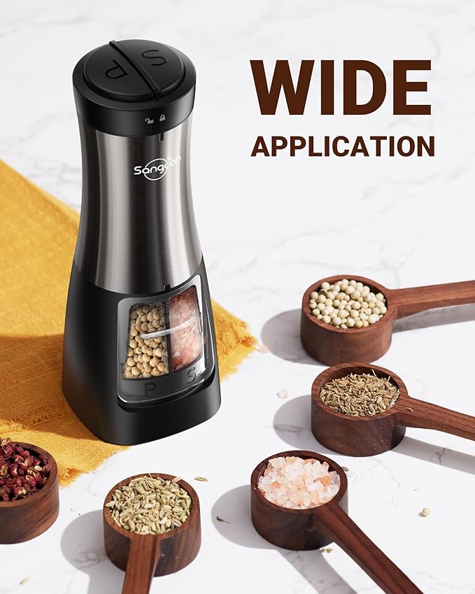 Sangcon Electric Salt and Pepper Grinder Set Shaker 2 IN 1 - Automatic Salt and Pepper Grinder Mill, Battery Powered One-Handed Operation Refillable with Light Dual Ceramic Grinder