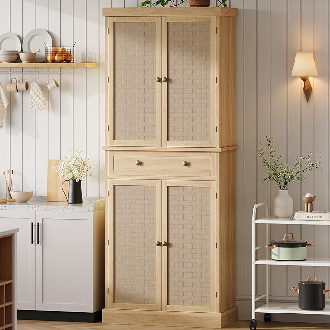 72" Tall Freestanding Pantry Cabinet, Farmhouse Wooden Storage Cupboard with 4 Doors (Barn Doors), 1 Drawer & Adjustable Shelves, Rustic Tall Cabinet for Kitchen, Dining Room, Living Room