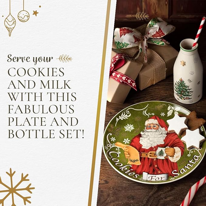Spode Christmas Tree Plate and Bottle Set (2-Piece) - 8.5" Porcelain Cookies for Santa Plate & 10 Oz Holiday-Themed Jug, Dishwasher Safe Festive Collectible Seasonal Gift Set