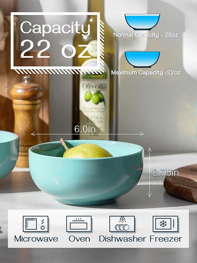 DOWAN 22 OZ Ceramic Soup Bowls & Cereal Bowls - 6" Classic Bowls Set of 4 for Soup, Cereal, Oatmeal, Fruit, Rice - Dishwasher & Microwave Safe (Turquoise)