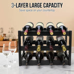 Bamboo Wine Rack, 3-Tier 12 Bottles Wine Storage Cabinet Shelf, Easy-Assembly Freestanding Bamboo Wine Racks Countertop for Kitchen Pantry Dining Room Bar, Black