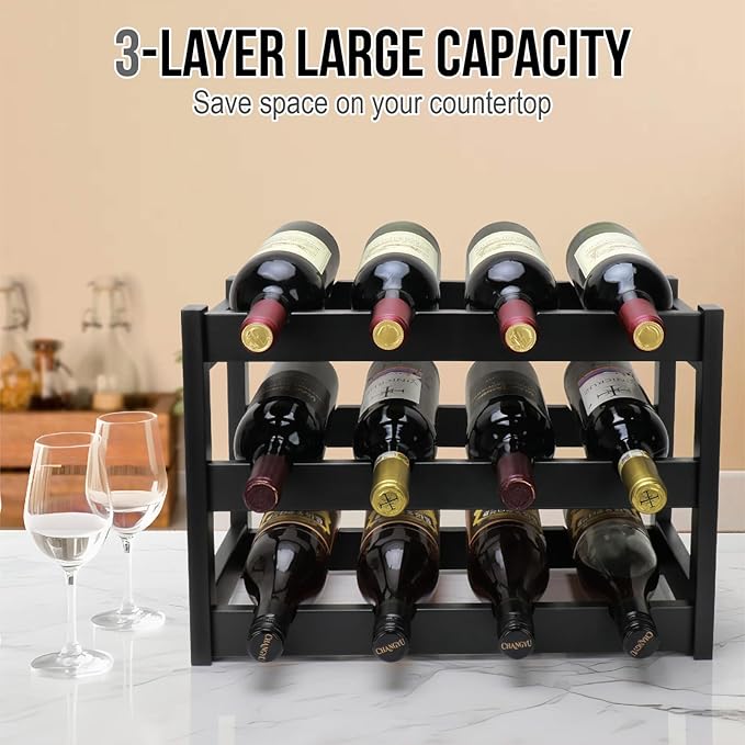 Bamboo Wine Rack, 3-Tier 12 Bottles Wine Storage Cabinet Shelf, Easy-Assembly Freestanding Bamboo Wine Racks Countertop for Kitchen Pantry Dining Room Bar, Black