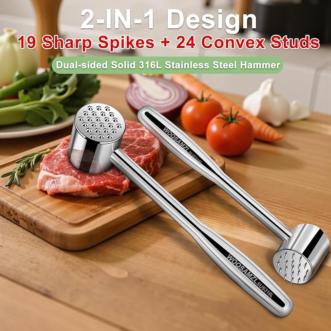 2-in-1 Meat Tenderizer Mallet,Real 316L Stainless Steel Meat Hammer,Dual-sided Meat Tenderizer Tool with Sharp Spikes and Convex Studs,Heavy Duty Well-balanced 1.09LB,Kitchen Pounder,Dishwasher Safe