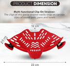 Clip On Strainer, Pot Strainer for Pasta, Vegetables, Fruit and Meat- Kitchen Silicone Strainer Colander for All Pots, Pans and Bowls (Red)