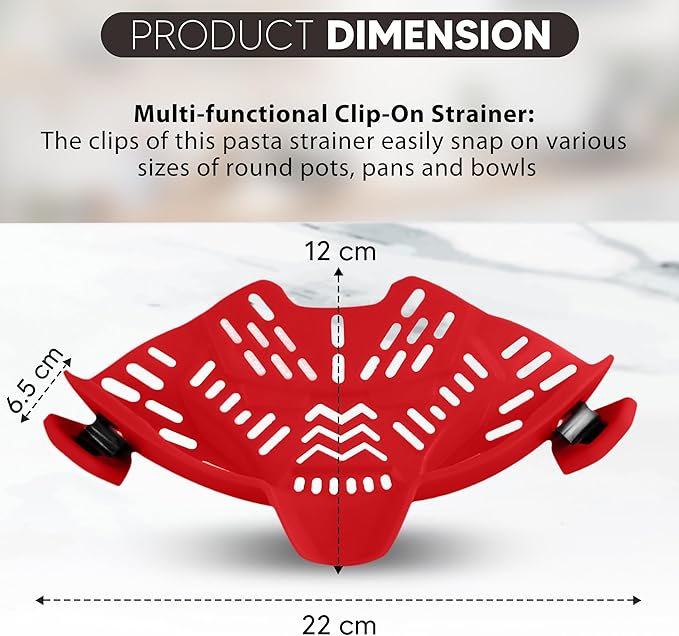 Clip On Strainer, Pot Strainer for Pasta, Vegetables, Fruit and Meat- Kitchen Silicone Strainer Colander for All Pots, Pans and Bowls (Red)