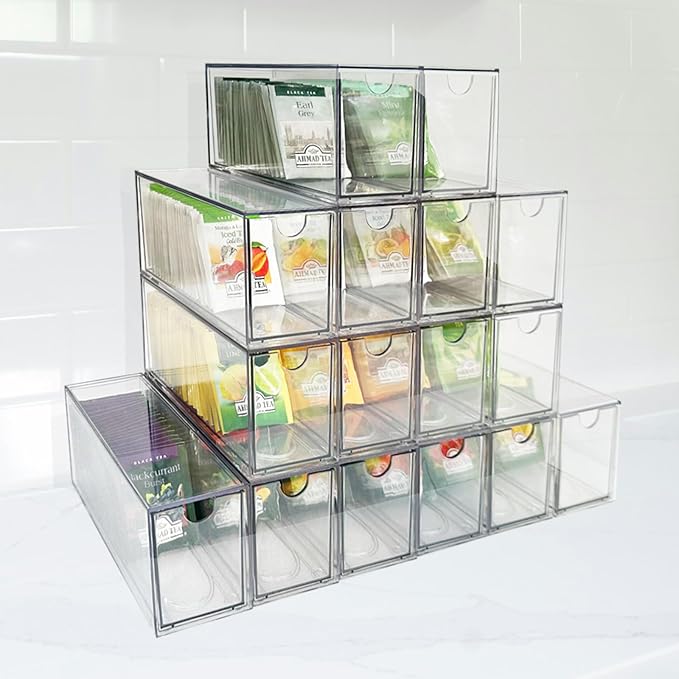 16-Pack Tea Bag Drawers Organizer - 16 Clear Plastic Drawer Tea Bag Holder; Stackable & Portable; Wider Size; Well-Organized Storage for Tea Bags & Kitchen Essentials；High Volume