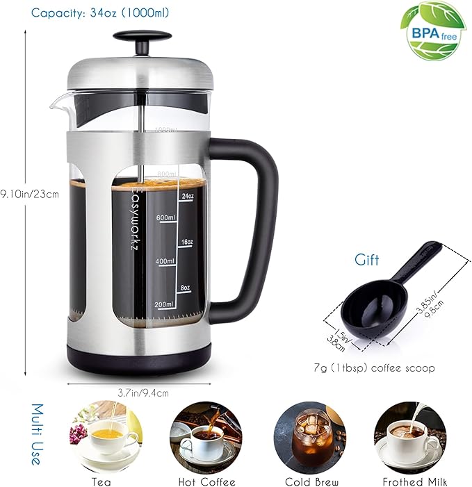 Easyworkz Stainless Steel French Press 34 oz Coffee Tea Maker with Soft Grip Handle