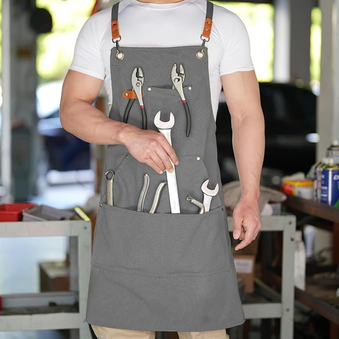 Canvas Aprons for Men Chef Apron, Work Apron with Large Pockets - 16oz Heavy Duty Cross Back, BBQ, Cooking