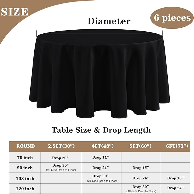 Fitable 6 Pack Black Round Table Clothes - 90 Inches in Diameter - Stain Resistant and Washable Tablecloths, Polyester Fabric Table Covers for Wedding, Party, Banquet, Gathering