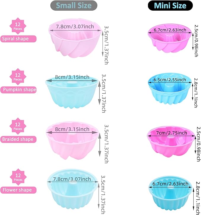 Tongjude 48 Pieces Donut Mold, 2.75" Diameter 0.98" Deep Mini Reusable Baking Cups, Non-Stick, 4 Shape Silicone Molds, Heat Resistant Bakeware for Bagel, Muffin, Jello and Cake Baking