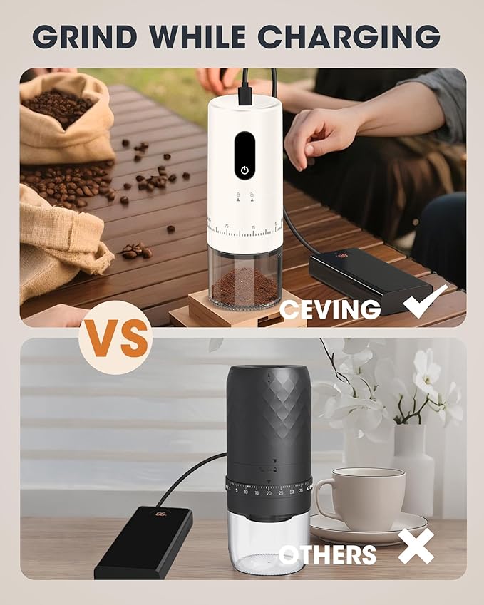 First Grind-While-Charging Rechargeable Coffee Grinder with Upgraded LED Battery Display, 1.7X Faster Grinding with 38 External Adjustable Settings & Ceramic Burrs, Portable for Travel, Camping, etc.