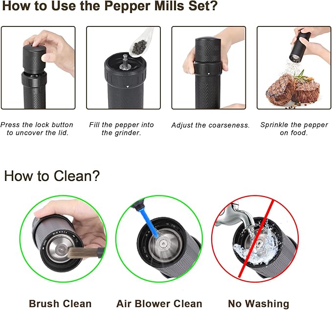 Heavy Duty Manual Pepper Grinder with More Pepper Output, Professional Grade Pepper Mill Refillable Set and Coarseness Can Be Adjusted Externally