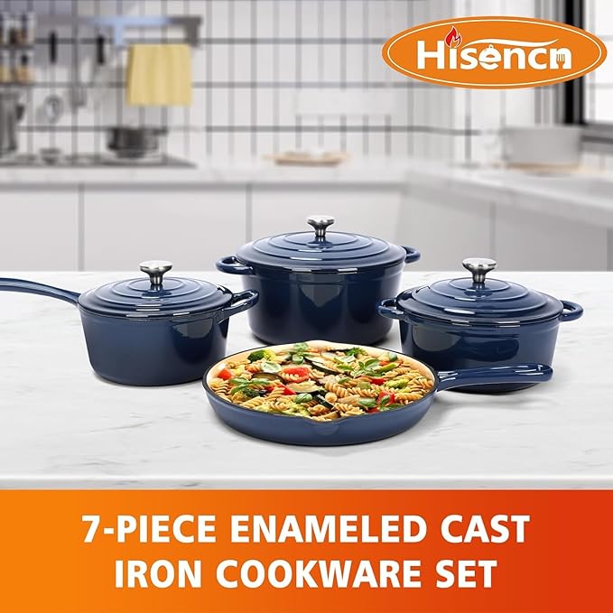 Hisencn Enameled Cast Iron Cookware Set - 7 Piece Set of Dutch Ovens, Sauce Pan, Skillet, 3 Lids, Dutch Oven Set, Ceramic Coated Cast Iron, Heavy Duty, Gas/Induction Compatible (Navy)