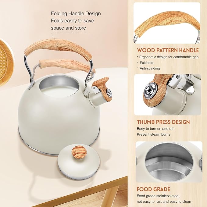 GGC Tea Kettle for Stove Top, 85OZ/2.6QT Whistling Tea Kettles for Boiling Water Milik or Coffee, White Stainless Steel Tea Pots with Wood Pattern Folding Handle, Thumb Design Control Kettle Outlet