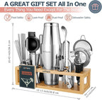 HMYBAR® Mixology Bartender kit | Cocktail Shaker Set | Boston Shaker Set, 20/28 OZ | Martini Making Set for Home Bar.Total 31 pcs incl 39-Recipe Cocktail Cards. Silver Tools. Bamb Stand Natural Color