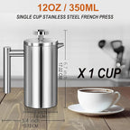 Small French Press Coffee Maker - Small 12oz/350ml Single Cup Metal French Press(1 Cup), Stainless Steel Double Wall Insulated Coffee & Tea Maker w/ 3 Extra Screens + 1 Spoon (Silver), Dishwasher Safe