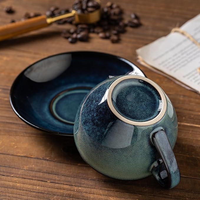 Porcelain Coffee Cup with Saucer Spoon, Vintage Design Ceramic Latte Art Cappuccino Barista Espresso Tea Cup with Saucer (11.6 oz, 350ml, Mist Green)