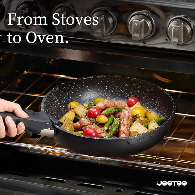 JEETEE Pots and Pans Set Non Stick 17pcs, Kitchen Cookware Sets with Detachable Handle, Induction Nonstick Cookware Set with Removable Handle, Stackable RV Cookware, Oven Safe, PFAS/PFOA Free, Black