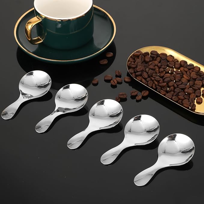 5 PCS Short Handle Spoons Silver Mini Scoops Stainless Spoons for Canisters Small Coffee Scoops Candy Scoops for Condiments Tea Desserts Coffee