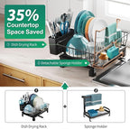 GSlife Dish Drying Rack with Sponge Holder for Kitchen Counter - Small Dish Racks for RV and Small Apartment, Compact Dish Drainer with Utensil Holder and Drain Spout, Black