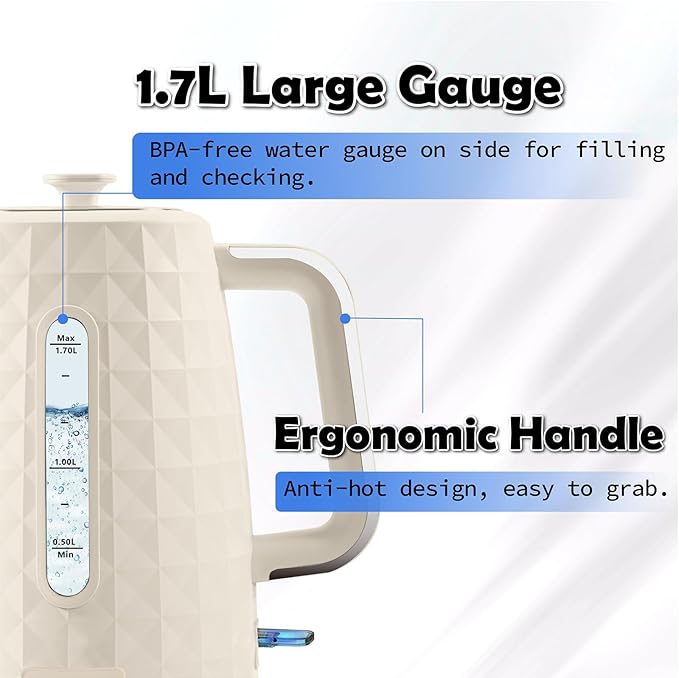 1.7L Electric Kettle, Fast Boiling 1200W Hot Water Boiler, 360° Cordless Design,Electric Tea Kettle for Boiling Water Auto Shut Off Boil Dry Protection，Electric Water Kettle for Coffee Tea,Beige