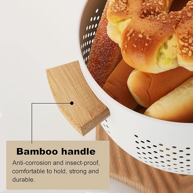 Metal Colander with Wood Handle and Stable Base, Powder Coated Steel Kitchen Strainer Basket for Draining Pasta, Vegetable and fruit (5.5quart,Matte White)