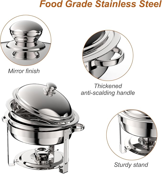 2 Pack Round Chafing Dish Buffet Set,Stainless Steel 8QT Round Buffet Servers and Warmers, Thick Stand Frame Catering Chafe with Mirror Covers,Food Warmer for Party, Weddings,Picnic