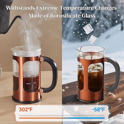 Veken French Press Coffee Maker 34oz 1 L, Heat Resistant Thickened Borosilicate Glass, No Plastic Touching Cafe, Stainless Steel Brewer, Cold Brew Cafetera Teapot for Kitchen Travel Camping, Copper