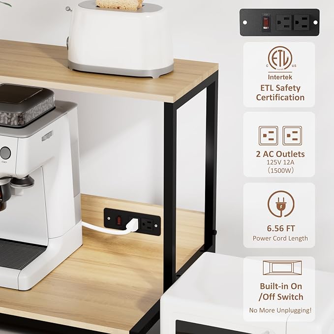 Mini Fridge and Microwave Stand Over Refrigerator Storage Shelf with Power Outlet, 5 Tiers Adjustable Bakers Rack Cabinet Coffee Bar Appliance Organizer for Dorm Office,Natural
