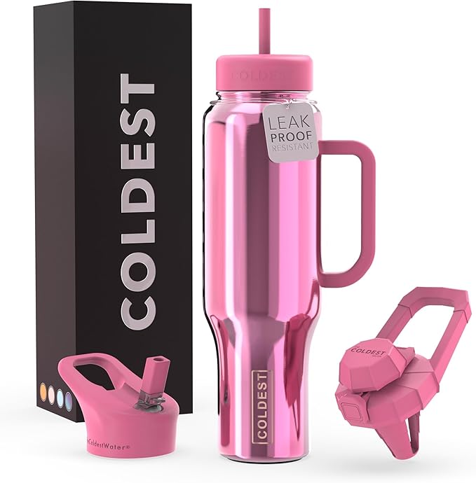 Coldest Tumbler with Handle and Straw Lid | 3 Lids Insulated Reusable Stainless Steel Water Bottle Travel Mug | Gifts for Women Him Her | Limitless Collection (46 oz, Pink Reflections)