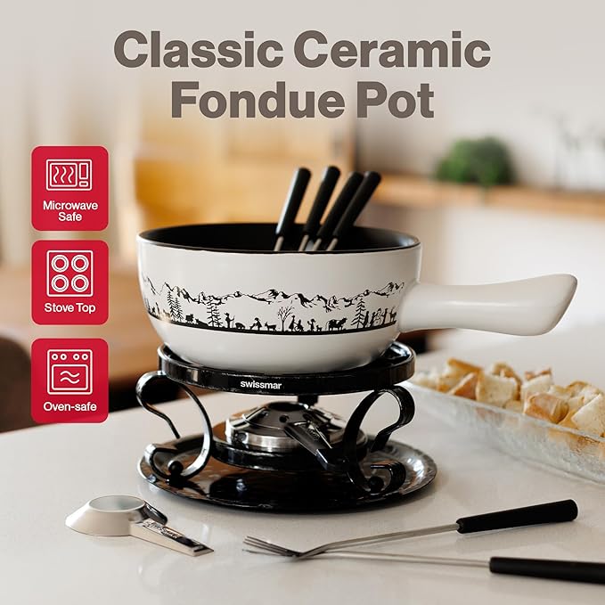 Swissmar Heidi Cheese Fondue Set - 2.8 QT / 2.65 L - Ceramic Fondue Pot with Rechaud, Fondue Burner, 6 Forks & Recipe Card - Ideal for Melting Cheese, Chocolate & Caramel - White