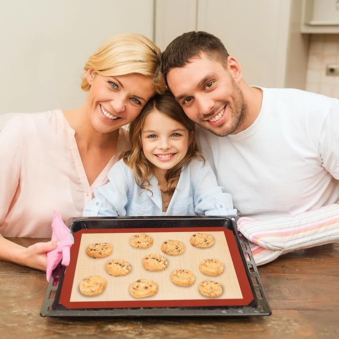 Silicone Baking Mat Set of 3, Silicone Baking Mats Cookie Sheet, Non-Stick Mats for Baking, Easy Clean & Reusable Oven Baking Sheet for Making Macaroons, Cookies (Red)