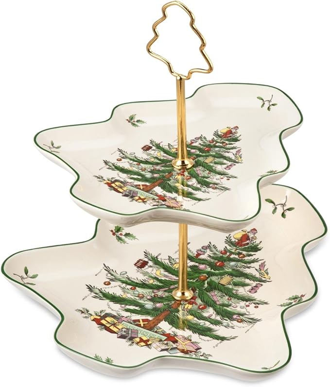 Spode Christmas Tree 2-Tiered Server, Tree-Shaped - Holiday Cupcake Stand, Dessert Display Set, Porcelain Serving Platter, 10" & 8" Plates, Dishwasher Safe Serveware for Appetizers, Desserts, Cookies