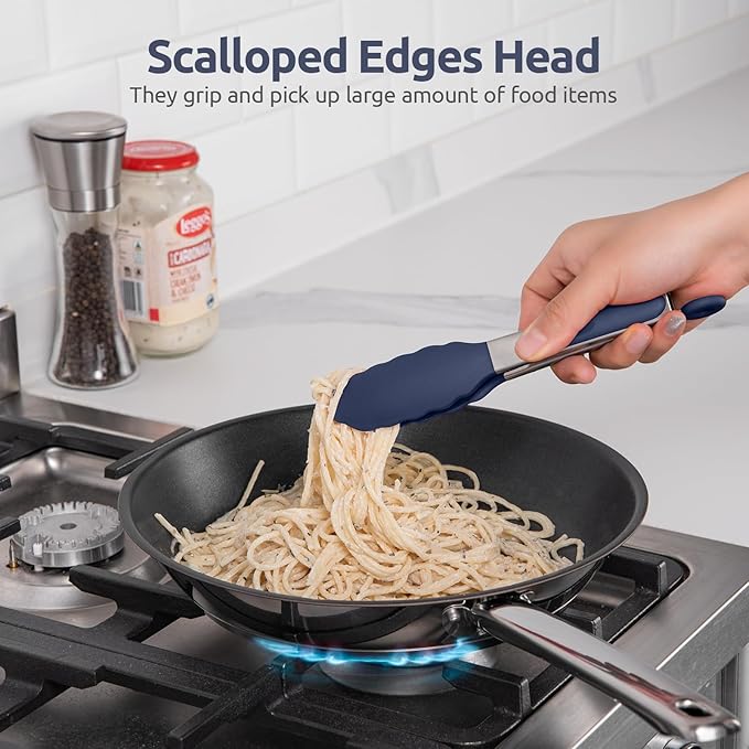 600ºF Heat Proof Kitchen Tong: U-Taste 7" Silicone Cooking Tong with Firm Sealed Non Stick Rubber Tips & Silicon Coated 18/8 Stainless Steel Handle & Smooth Locking for Serving Salad (Midnight Blue)