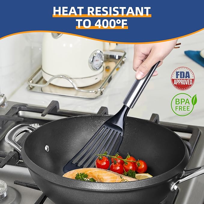 KSENDALO Fish Spatula Egg Flexible Slotted Turner Flipper, Silicone Coated Edged Kitchen Utensil for Nonstock Cookware, Lightweight & Sturdy Cooking Tool for Fish, Eggs, Pancakes, Omelettes