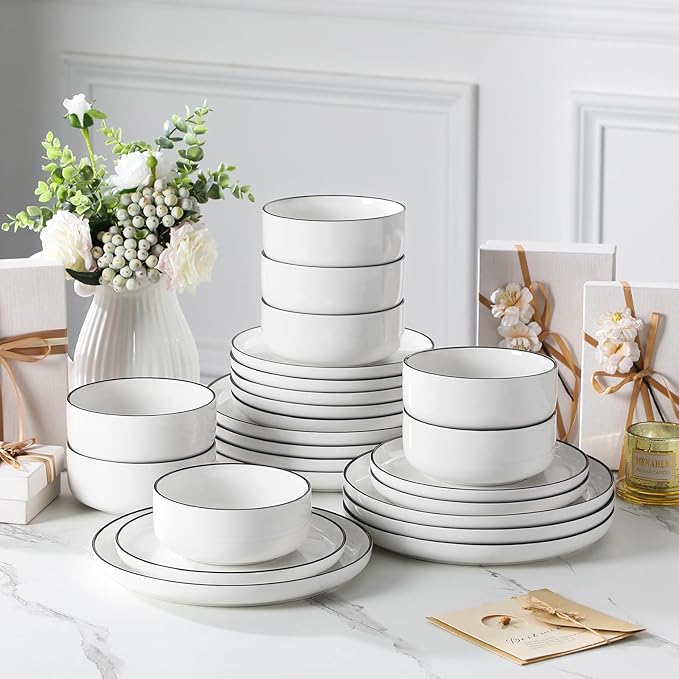 MALACASA Plates and Bowls Sets, 24 Pieces Modern Porcelain Dinnerware Set for 8 White Kitchen Dinner Dining Ware Set wtih Black Rim Ceramic Dishware Dishes Microwave and Dishwasher Safe, Series LUNA