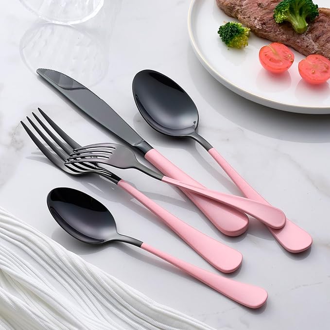 20-Piece Black and Red Silverware Set 18/0 Stainless Steel Flatware Warm Pink Handle Cutlery Set Service for 4 Dinner Knives Forks Spoons Set Mirror Finish Dishwasher Safe